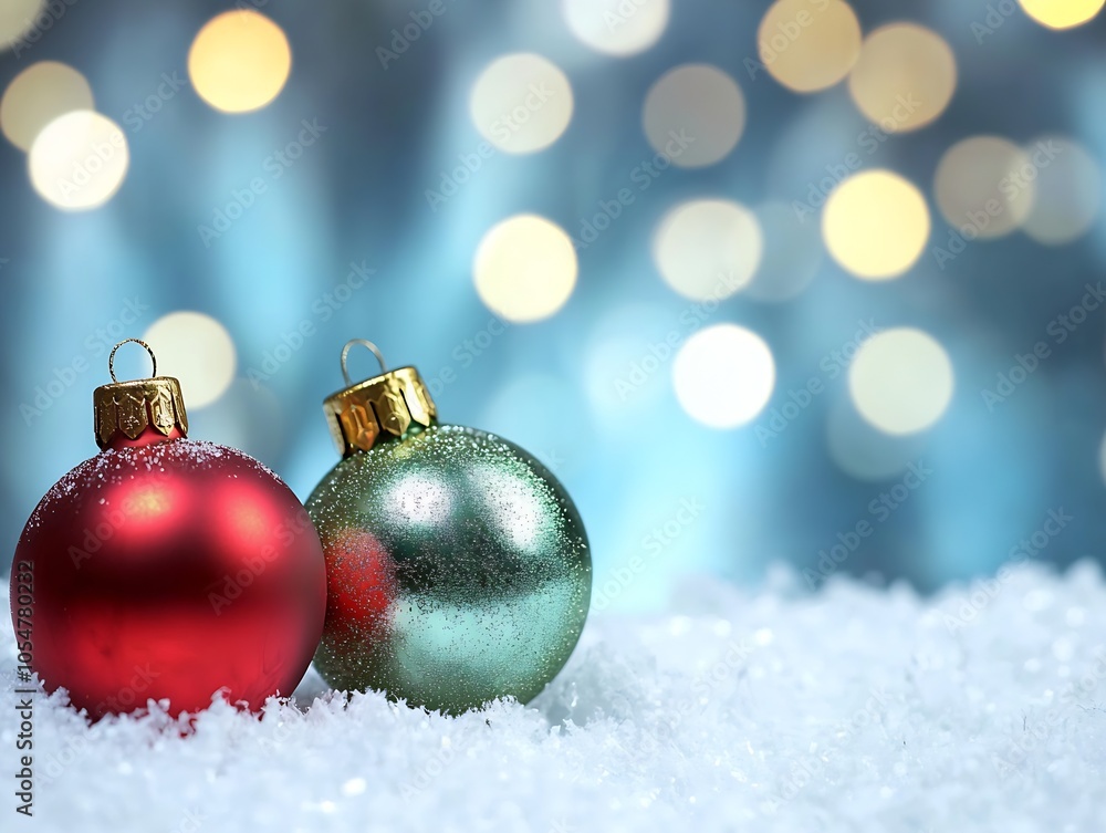 Red and Green Christmas Baubles on Snow with Festive Bokeh in Soft Blue Light : Generative AI Red and Green Christmas Baubles on Snow with Festive Bokeh in Soft Blue Light : Generative AI