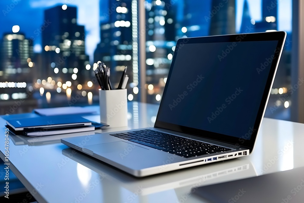 Modern laptop on office desk with city skyline view through large transparent window : Generative AI Modern laptop on office desk with city skyline view through large transparent window : Generative AI