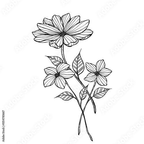 hand drawing flower with leaves. beautiful flower sketch illustration