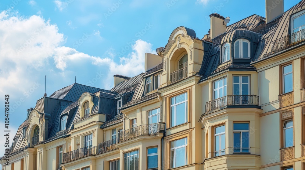 Fototapeta premium Elegant residential building with ornate architecture and large windows against a blue sky.