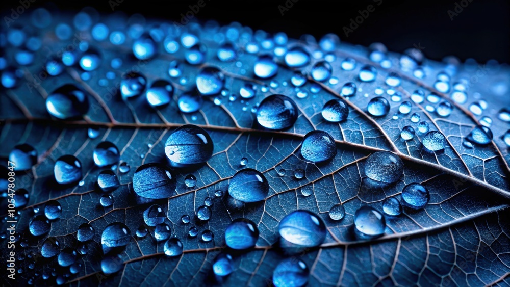 Water drops on a blue leaf against a dark background, water drops, blue leaf, abstract, nature, macro, wet, freshness Water drops on a blue leaf against a dark background, water drops, blue leaf, abstract, nature, macro, wet, freshness