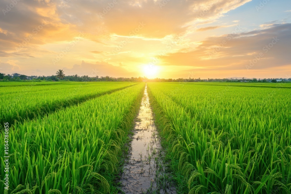 Lush Rice Field at Sunset with Golden Light Lush Rice Field at Sunset with Golden Light