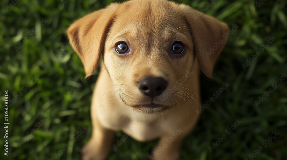 Curious Puppy Gazing Upward with Innocent Eyes in Green Lawn Setting : Generative AI