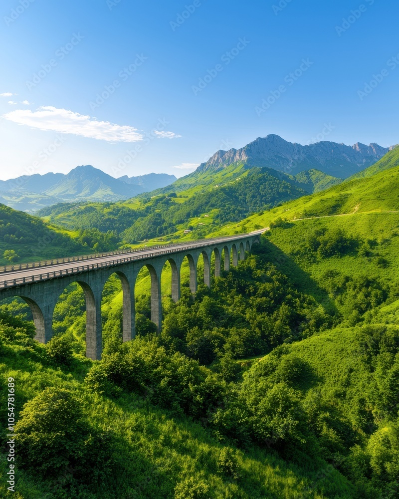 Naklejka premium Scenic railway bridge over lush green mountains under bright blue sky.