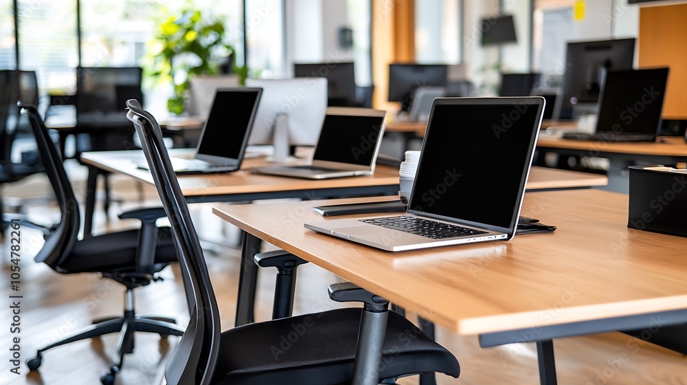 Modern Open Office Workspace with Multiple Desks and Laptops : Generative AI Modern Open Office Workspace with Multiple Desks and Laptops : Generative AI