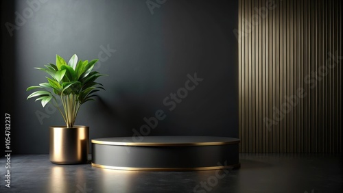 Minimalist black and gold podium with a green plant, minimalist, black, gold, podium, plant, elegant, stylish, luxury