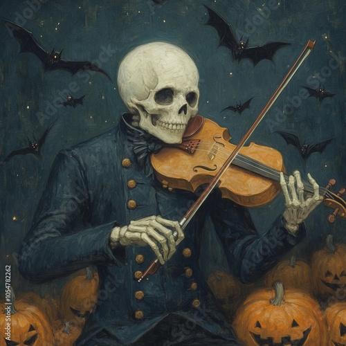 A skeleton playing a violin surrounded by pumpkins and bats, evoking Halloween. photo