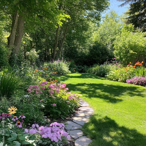 Backyard garden with blooming perennials