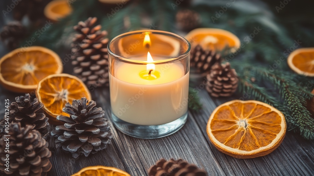 A serene arrangement featuring a lit candle surrounded by pinecones and dried orange slices, evoking a warm, cozy atmosphere perfect for the holiday season A serene arrangement featuring a lit candle surrounded by pinecones and dried orange slices, evoking a warm, cozy atmosphere perfect for the holiday season