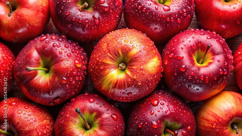Top view of fresh red apples with water droplets, natural and healthy lifestyle, apple, red, fruit, fresh, water droplets, natural Top view of fresh red apples with water droplets, natural and healthy lifestyle, apple, red, fruit, fresh, water droplets, natural