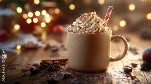 A cozy cup of hot beverage topped with whipped cream and a candy cane, surrounded by festive decorations and soft bokeh lights for a warm holiday vibe