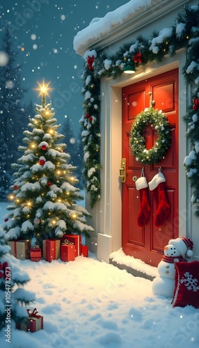 a red door with a christmas tree and presents
