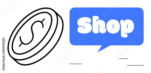 Coin with dollar sign and speech bubble with Shop text. Ideal for themes of retail, e-commerce, online shopping, business, and finance. Modern vector style in blue and black hues