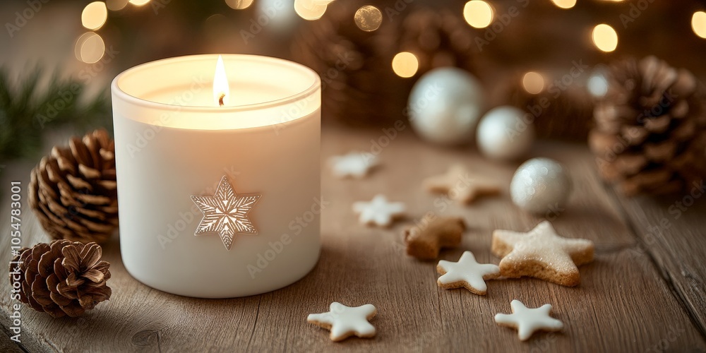 Rustic Christmas candle decoration with pinecones and cookies Rustic Christmas candle decoration with pinecones and cookies