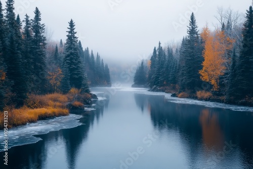 A serene landscape featuring a misty river surrounded by evergreen trees and vivid autumn foliage, reflecting calm waters and a tranquil atmosphere.