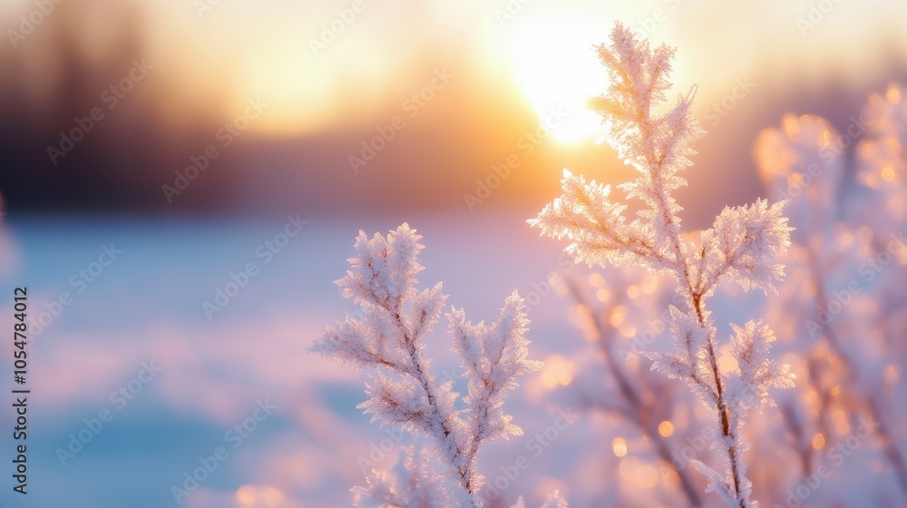 A serene winter scene featuring frost-covered branches against a soft sunrise, creating a tranquil atmosphere with delicate details