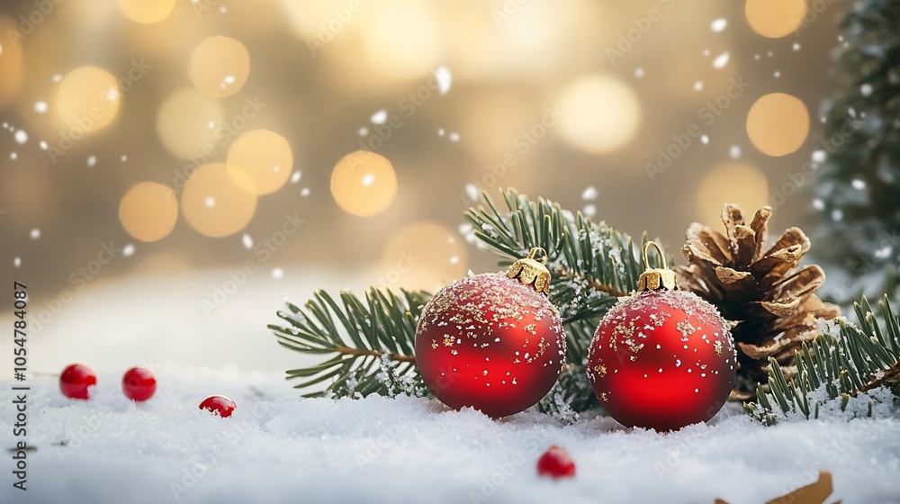 Winter Wonderland Christmas Scene with Red Baubles in Snowy Landscape : Generative AI Winter Wonderland Christmas Scene with Red Baubles in Snowy Landscape : Generative AI