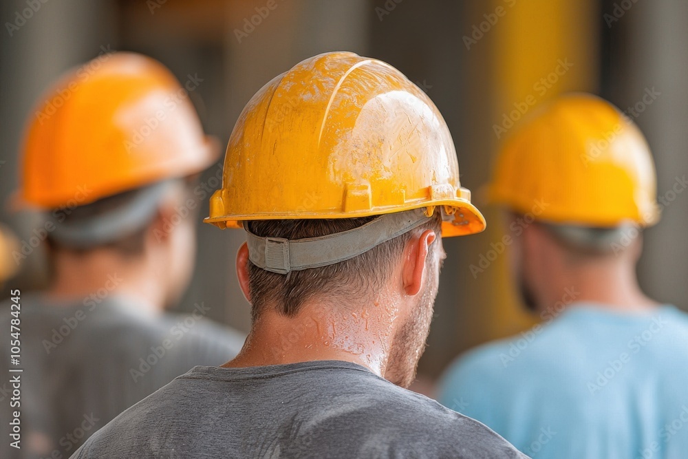 Construction workers wearing safety helmets on a job site. Construction workers wearing safety helmets on a job site.