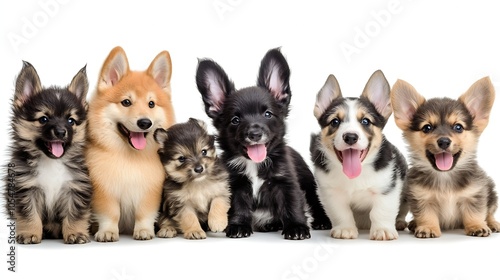 Group of Cheerful Puppies Sitting Happily Together with White Background : Generative AI photo