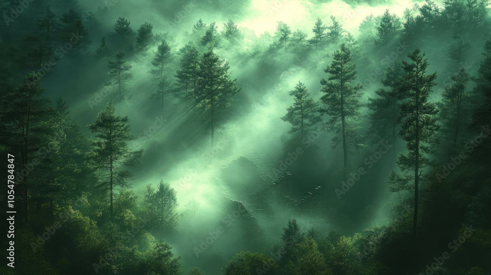 Obraz premium Misty forest with sunlight filtering through the trees.