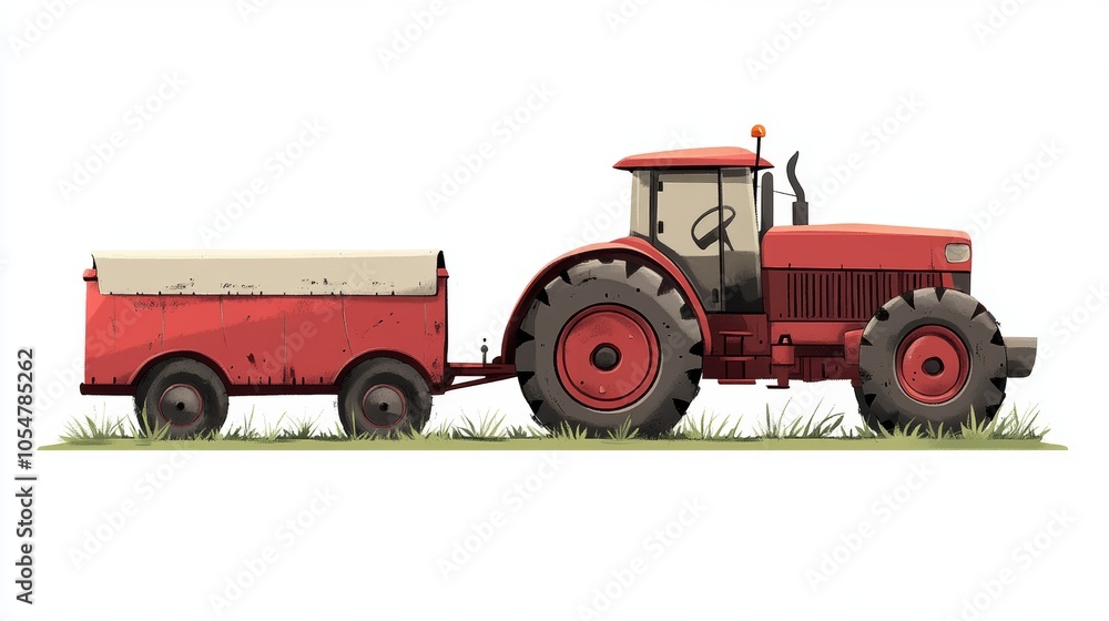 Red Farm Tractor with Trailer on Grass Field Rural Agriculture Illustration Red Farm Tractor with Trailer on Grass Field Rural Agriculture Illustration