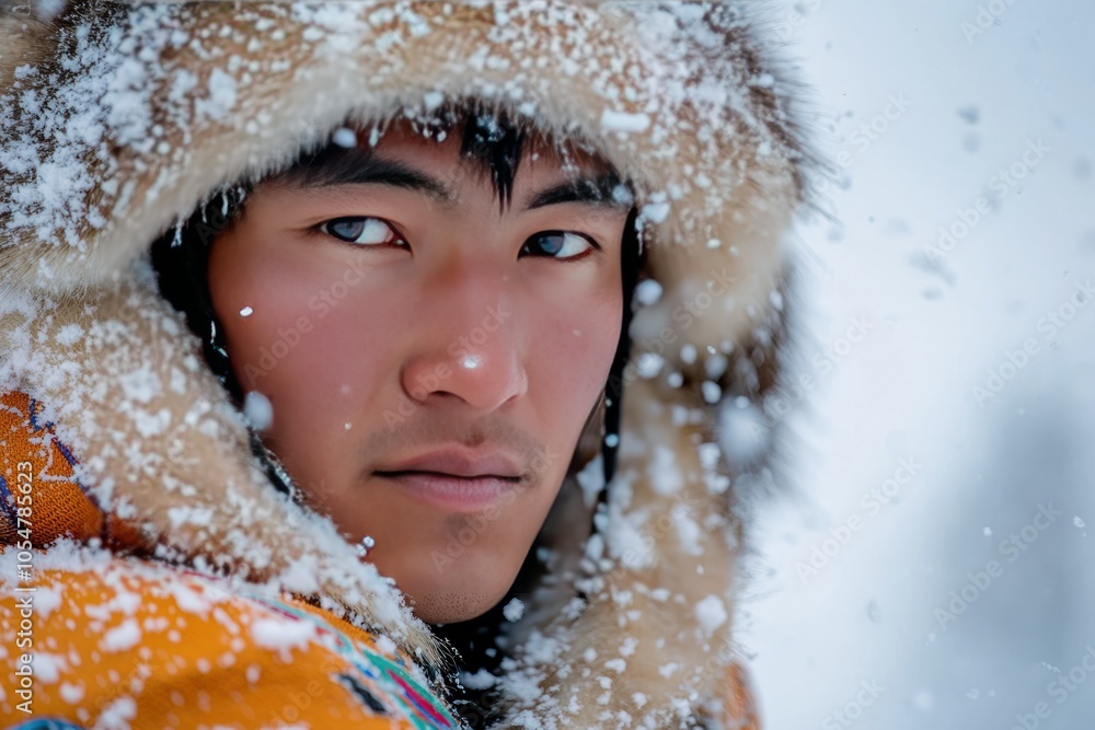 Intense Gaze of Young Man in Snowy Landscape Intense Gaze of Young Man in Snowy Landscape