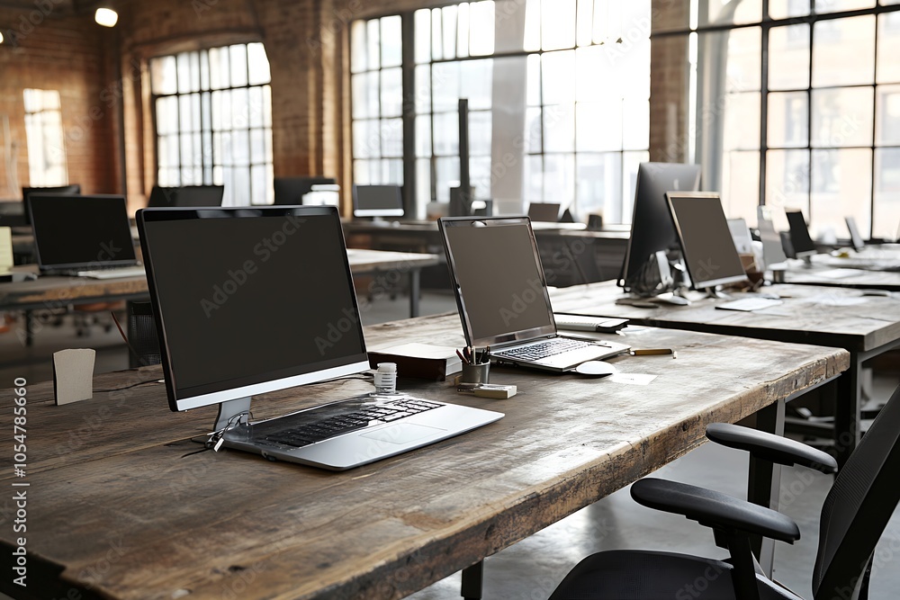 Modern loft office with industrial design concept featuring exposed brick and large windows : Generative AI Modern loft office with industrial design concept featuring exposed brick and large windows : Generative AI