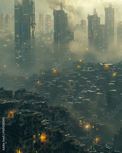 A futuristic cityscape with imposing government buildings juxtaposed against impoverished slums, symbolizing the stark contrast between  photo