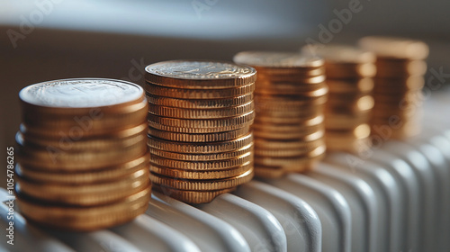 gold coins rest on a heating radiator, symbolizing rising energy costs and financial pressure. This image conveys the need to save or invest amidst rising heating expenses and inflation