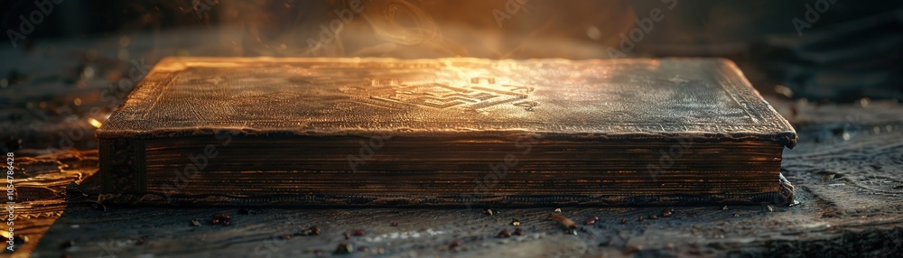 Fototapeta premium A worn leather-bound tome, its cover embossed with ancient runes, beckons the reader to ancient times Bathed in the warm hues of a golden hour, the book exudes an aura of mystique, promising 