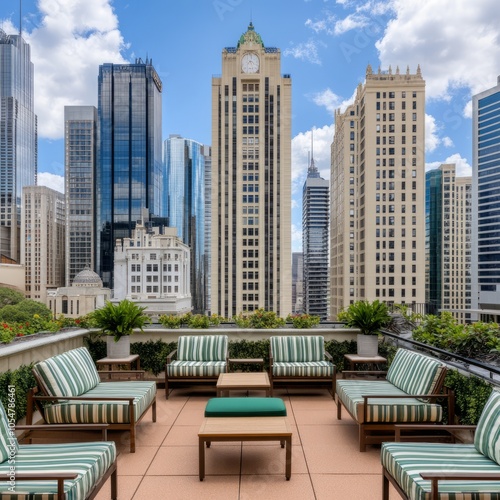 Rooftop lounge area with seating and city skyline backdrop.