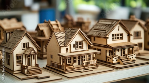 Detailed wooden model houses displayed on a table, showcasing architectural design.