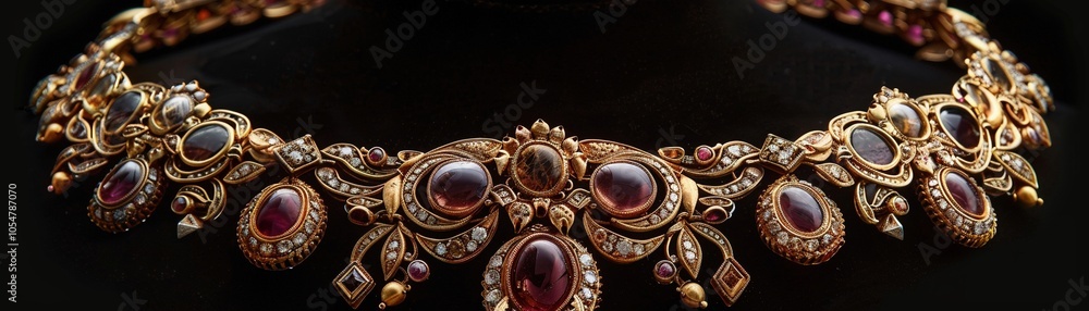 An ornate, antique gold necklace, with delicate filigree work and sparkling gemstones An ornate, antique gold necklace, with delicate filigree work and sparkling gemstones