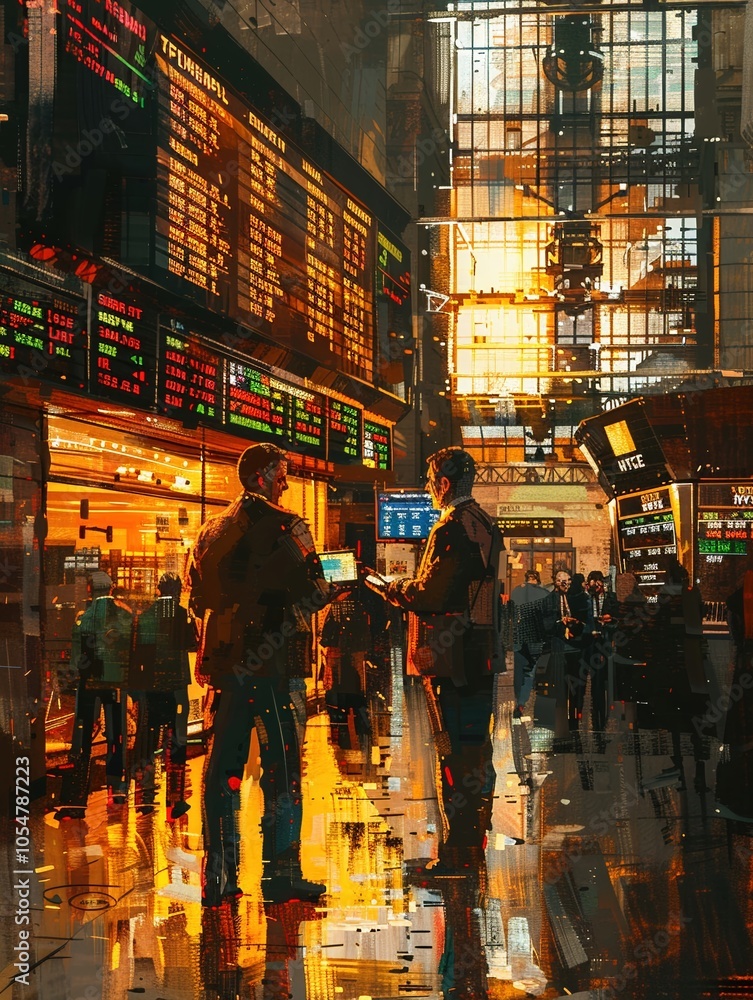 At a bustling stock market, a journalist interviews an expert about the volatile gold market Painting style image capturing the golden hour light, symbolizing the potential for wealth and risk alike At a bustling stock market, a journalist interviews an expert about the volatile gold market Painting style image capturing the golden hour light, symbolizing the potential for wealth and risk alike