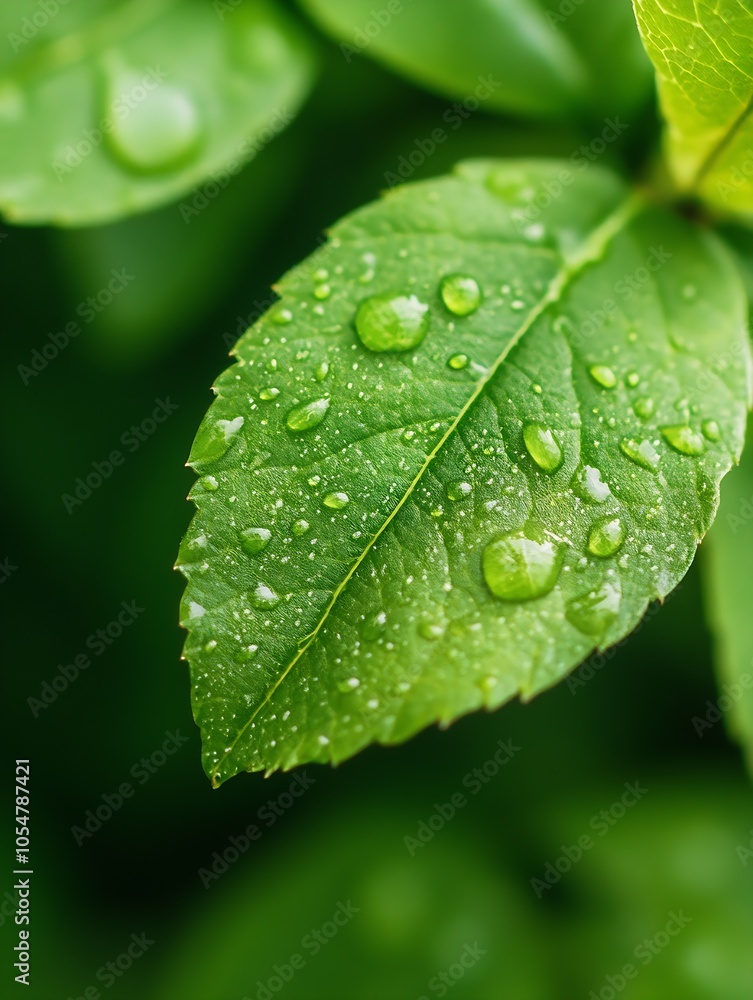 Closeup of a Vibrant Green Leaf with Dew Drops on a Nature Background : Generative AI Closeup of a Vibrant Green Leaf with Dew Drops on a Nature Background : Generative AI