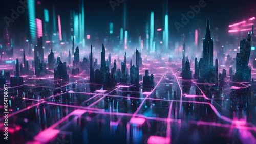 Futuristic cityscape with neon lights and digital grid patterns.