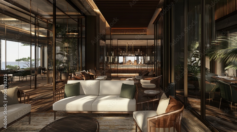 Luxurious Seaside Living Room Interior with Floor-to-Ceiling Windows Luxurious Seaside Living Room Interior with Floor-to-Ceiling Windows
