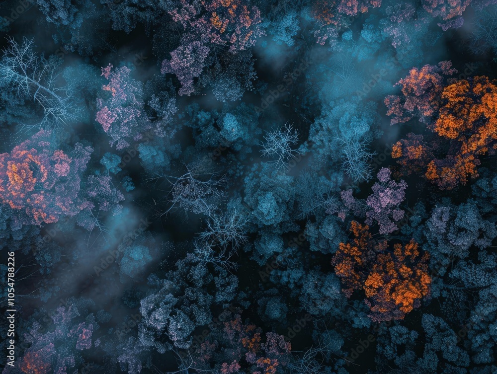 Obraz premium Capture a mesmerizing aerial view of a mystical forest, blending magical realism elements in a minimalist design, showcasing vibrant hues and intricate details