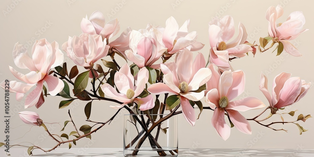 Delicate pink magnolia blossoms arranged in a clear vase, creating a beautiful and elegant display. Delicate pink magnolia blossoms arranged in a clear vase, creating a beautiful and elegant display.