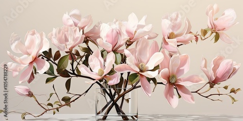 Delicate pink magnolia blossoms arranged in a clear vase, creating a beautiful and elegant display.