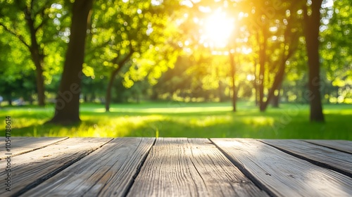 Sunny Park with Wooden Table Panel Overlooking Green Lush Trees in Springtime : Generative AI