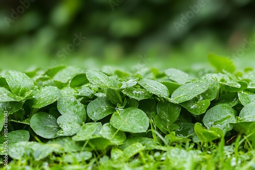 Raindrops on Green Leaves Creating a Fresh and Lively Natural Scene : Generative AI