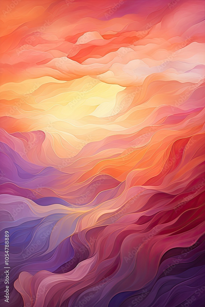 Fototapeta premium Abstract painting of a sunset over a landscape of wavy hills. Vibrant colors create a dreamy atmosphere.