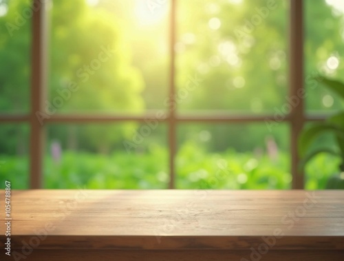 Background, Top angle shot of wood table top on blur of big window glass and abstract fresh green from garden background in morning. Wallpaper 