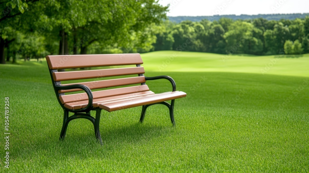 Serene park bench in a verdant field, tranquil escape into nature's embrace Serene park bench in a verdant field, tranquil escape into nature's embrace