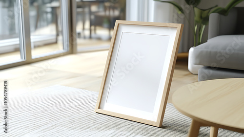 A4 sized vertical empty simple wood frame on the floor. The frame leans on the coffee table.  photo