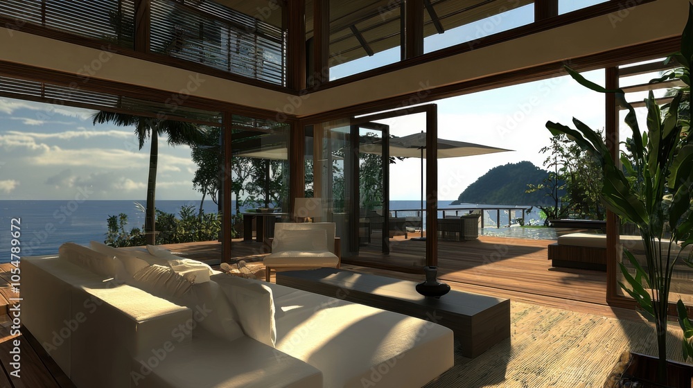 Fototapeta premium Luxurious Seaside Living Room Interior with Floor-to-Ceiling Windows