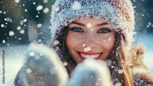 Joyful Winter Scene of Smiling Woman in Snow with Cozy Hat and Warm Gloves : Generative AI