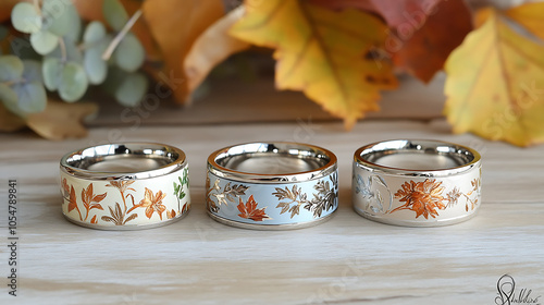 Floral wedding rings with nature inspired designs in autumn colors photo