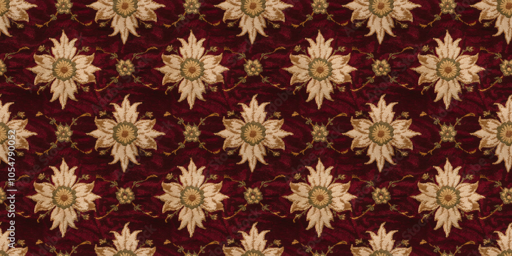 Seamless Pattern Texture Background: A close-up, top-down view of a hotel carpet in a rich burgundy color, featuring a classic floral pattern with gold accents Seamless Pattern Texture Background: A close-up, top-down view of a hotel carpet in a rich burgundy color, featuring a classic floral pattern with gold accents
